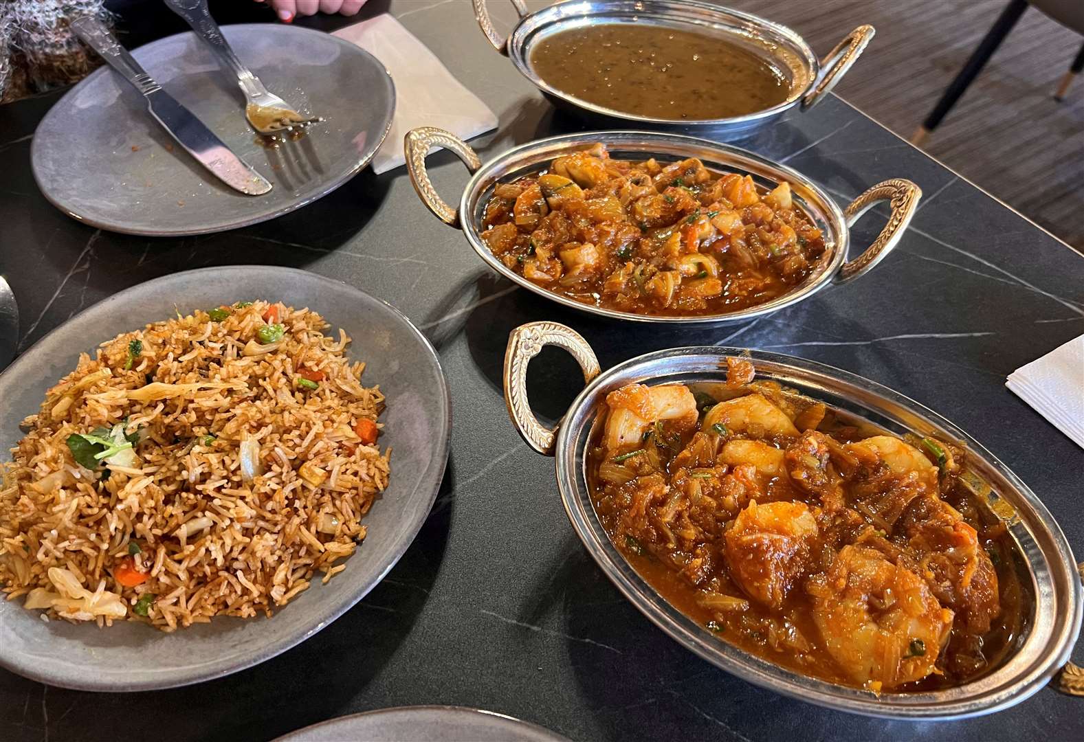 Prawn curry, mushroom curry, black daal and fried rice at Gurkha