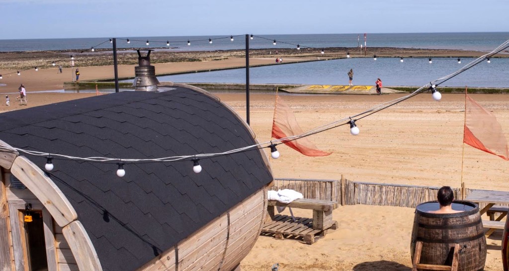 The Sea Scrub barrel sauna and cold-plunge barrels on Margate Main Sands